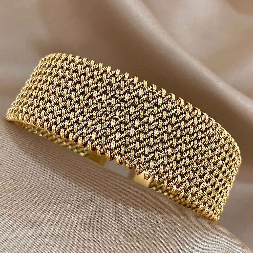 Vintage Stainless Steel Braided Mesh Open Bracelet Classic Cuff Waterproof Jewelry