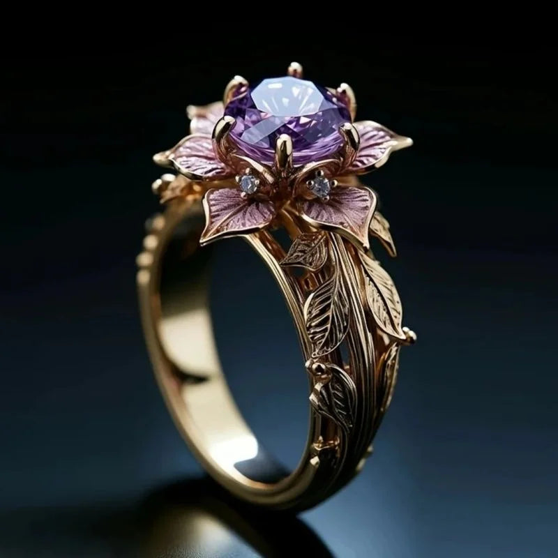 Niche Creative Gold Color Inlay Purple Color Leaf Shape Zircon Rings