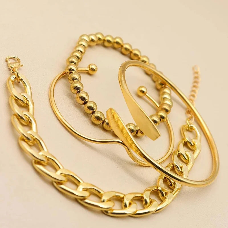 Punk Curb Cuban Chain Bracelets Set Simple Thick Gold Color Charm