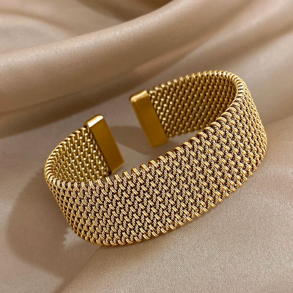 Vintage Stainless Steel Braided Mesh Open Bracelet Classic Cuff Waterproof Jewelry