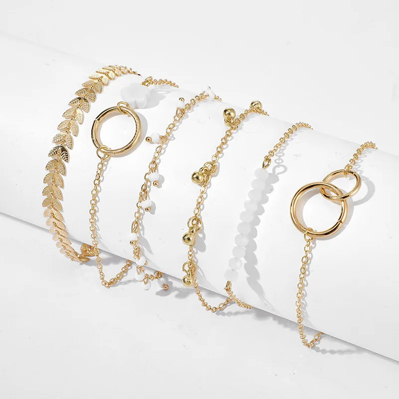 Bohemia Circle Bracelet Set Multi-Layer Vintage Folded Wind Fish Bone Chain Flower Leaves Jewelry Gift