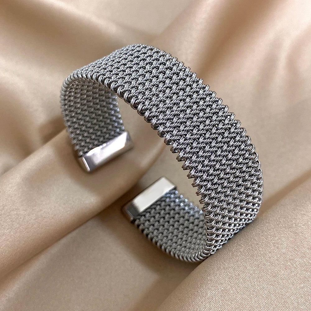 Vintage Stainless Steel Braided Mesh Open Bracelet Classic Cuff Waterproof Jewelry