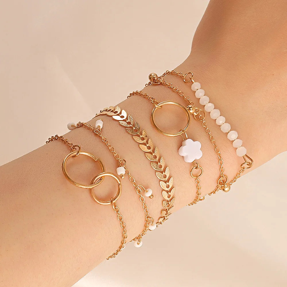 Bohemia Circle Bracelet Set Multi-Layer Vintage Folded Wind Fish Bone Chain Flower Leaves Jewelry Gift