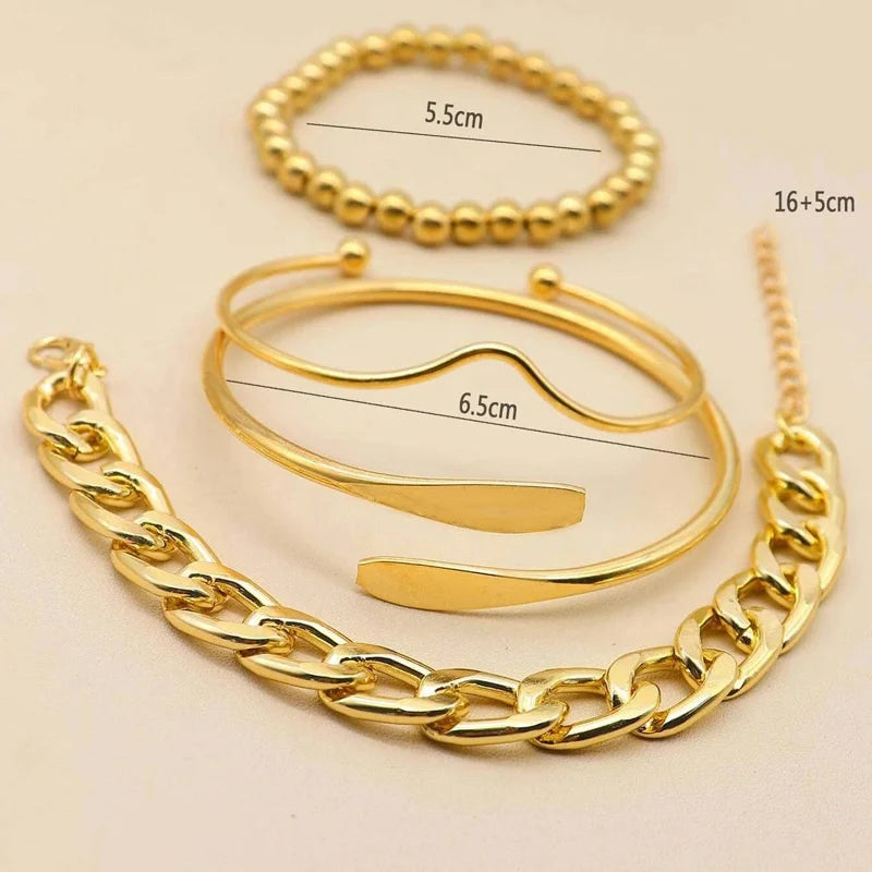 Punk Curb Cuban Chain Bracelets Set Simple Thick Gold Color Charm