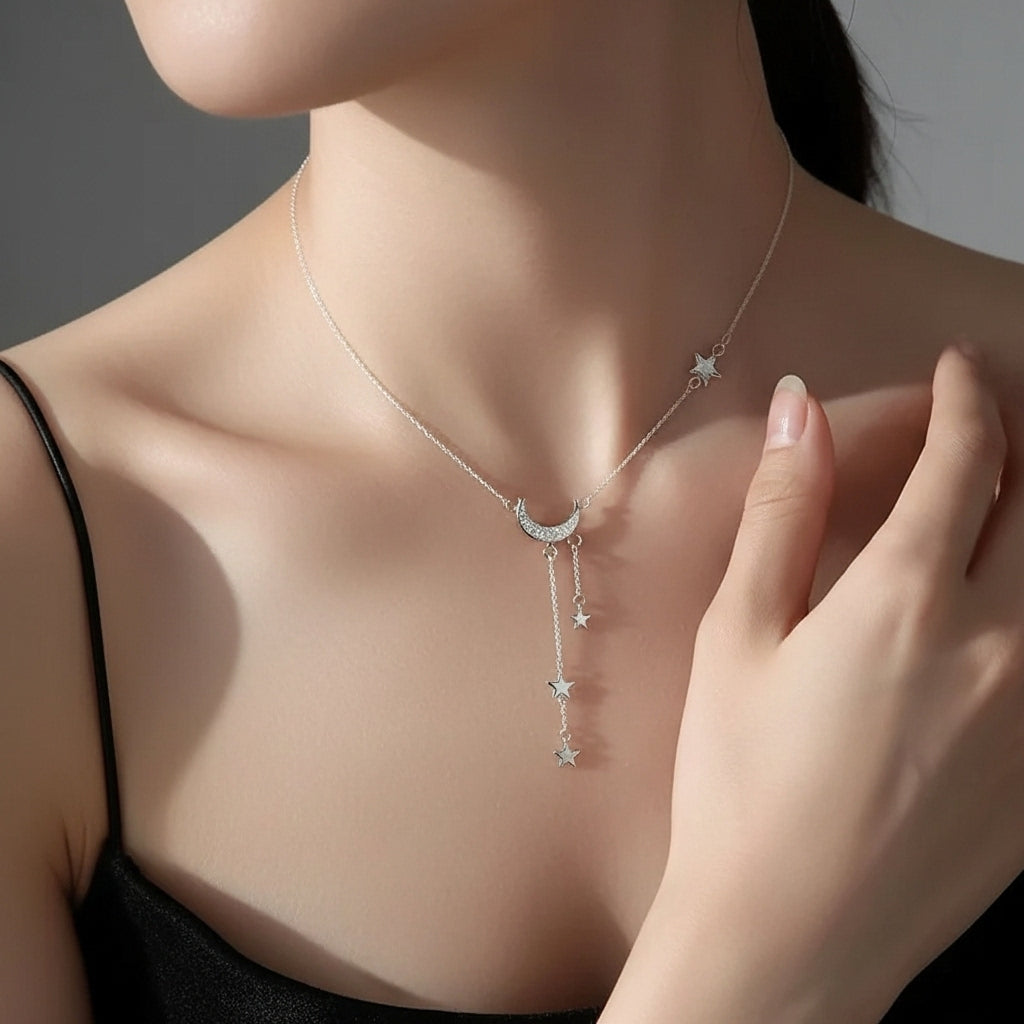 Silver Moon and Stars Necklace
