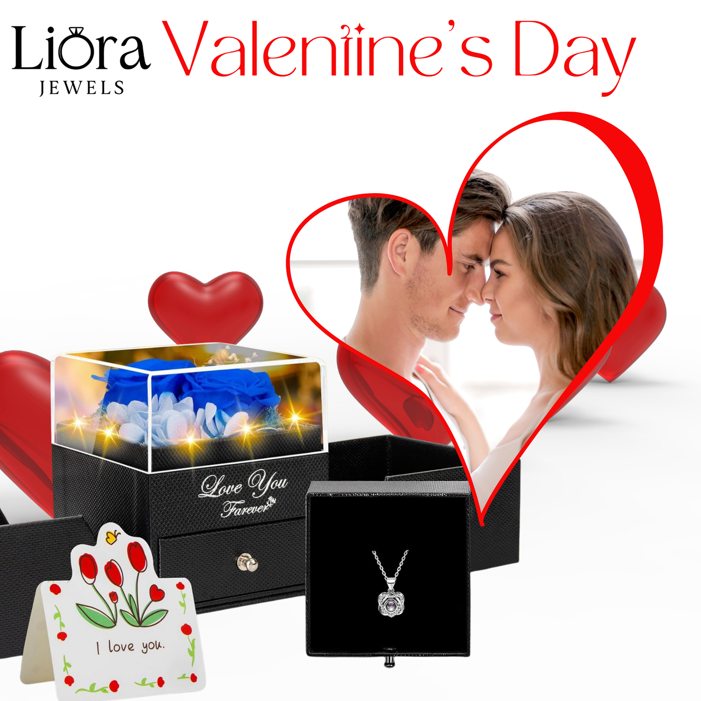 Preserved Red Real Rose with Heart I Love You Necklace